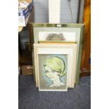 QUANTITY OF PICTURES VARIOUS INCLUDING; OIL PAINTING ON CARD, "WALKING IN THE SNOW" GOODRICH - 'BUST