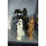 FOUR COMPOSITION FIGURE; TWO ORIENTAL AND A LADY ON HORSE BACK WITH WOODEN STAND A REGAL HOUSE