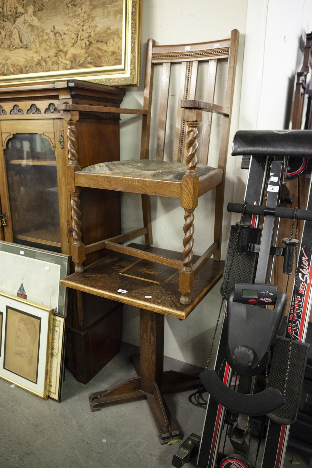 SQUARE OCCASIONAL TABLE WITH PARQUETRY TOP, SQUARE COLUMN, CRUCIFORM BASE AND AN OAK OPEN ARM