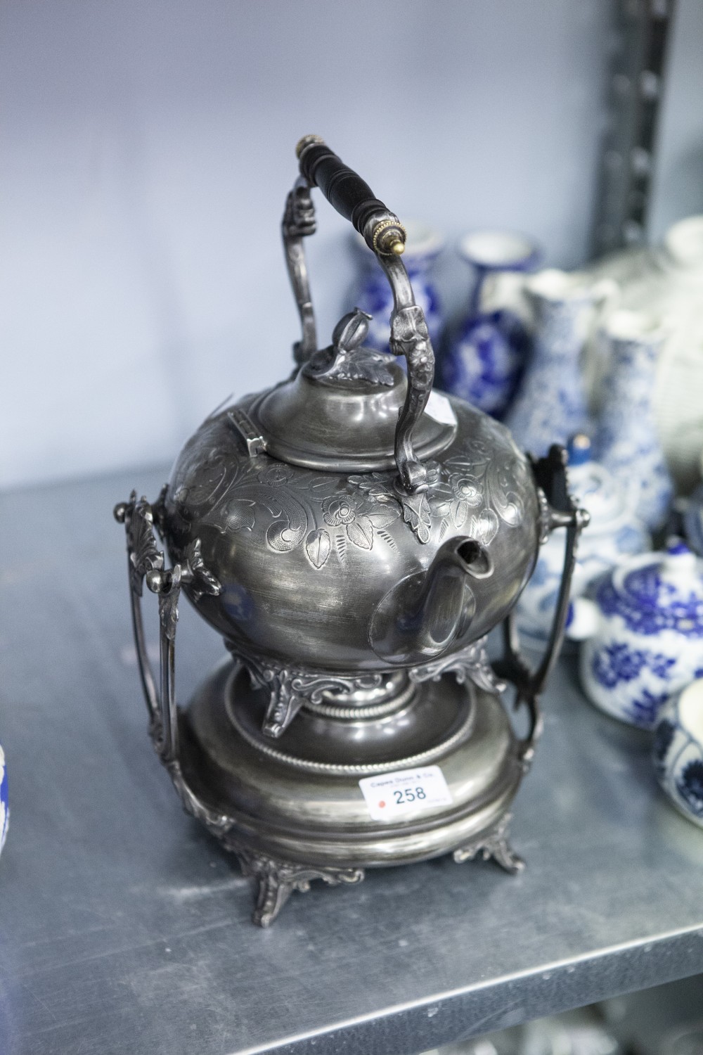 A LATE VICTORIAN EPBM TEA KETTLE ON SPIRIT STAND