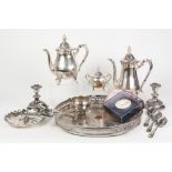 MIXED LOT OF ELECTROPLATE, to include: CIRCULAR, GALLERIED TRAY, 14 ½" (36.8cm) diameter, FOUR PIECE