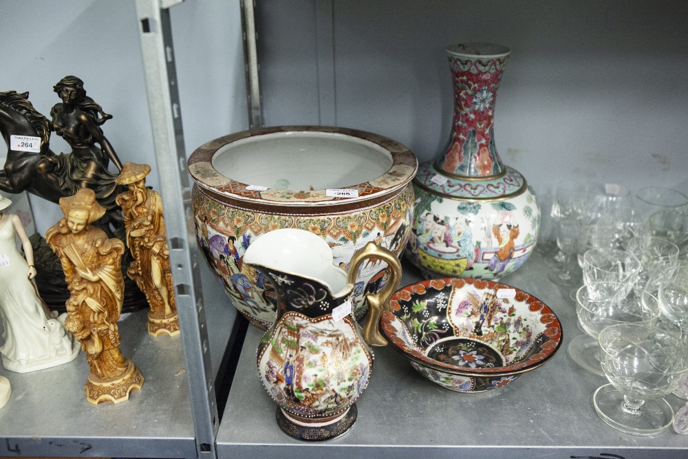FOUR PIECES OF POTTERY TO INCLUDE; JUG, JARDINIERE, DISH AND A LONG NECKED VASE