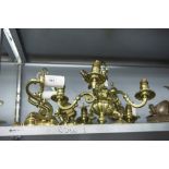 BRASS FIVE BRANCH CEILING ELECTROLIER AND A PAIR OF MATCHING WALL LIGHTS AND ANOTHER BRASS