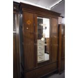 CIRCA 1920s INLAID MAHOGANY MIRROR DOOR WARDROBE WITH BASE DRAWER