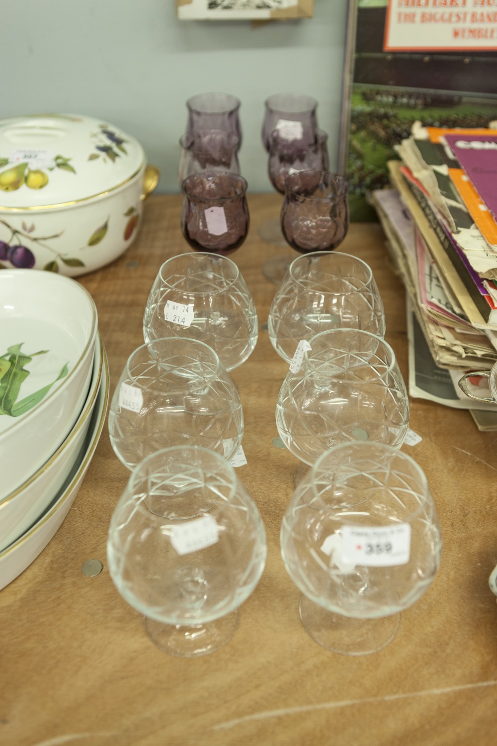 A SET OF SIX ITALIAN LILAC TULIP SHAPE GOBLETS AND SIX CUT GLASS BRANDY BALLOONS (12)