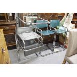 SET OF FIVE ITALIAN DESIGN KITCHEN CHAIRS WITH LEATHER SEAT AND BACKS AND TWO SIMILAR BAR STOOLS