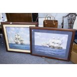 AFTER MONTAGUE DAWSON TWO LARGE COLOUR PRINTS Warships under sail, Both framed and glazed, (2)