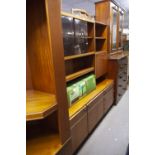 McINTOSH TEAK WALL UNIT WITH THREE DRAWERS AND TWO CUPBOARDS TO BASE AND A DROP-FRONT SECTION AND