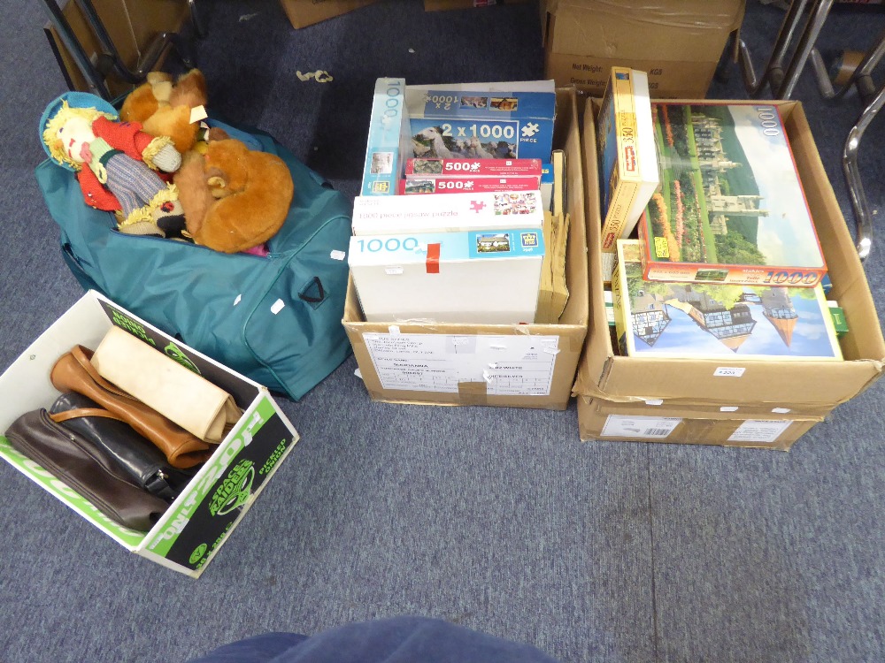 QUANTITY OF VARIOUS JIGSAWS, QUANTITY OF SOFT TOYS AND FOUR HANDBAGS