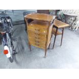 EDWARDIAN MAHOGANY MUSIC CABINET, THE SHAPED TRAY TOP ABOVE FIVE SERPENTINE DRAWERS