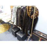 FIVE LADIES FAUX FUR JACKETS/COATS AND TWO BLACK LEATHER EFFECT STORAGE BOXES WITH BUTTONED LIDS