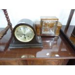 AN ART DECO MAHOGANY CASED MANTEL CLOCK AND ANOTHER IN NAPOLEON HAT SHAPED EXAMPLE (2)