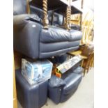 A THREE PIECE LOUNGE SUITE IN BLUE HIDE LEATHER INCLUDING; TWO SEATER SETTEE, ARMCHAIR AND FOOTSTOOL