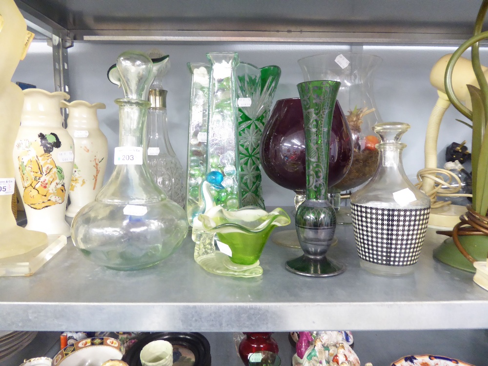 TWO GLASS DECANTERS, OTHER COLOURED GLASS, VASES, BOWLS ETC...