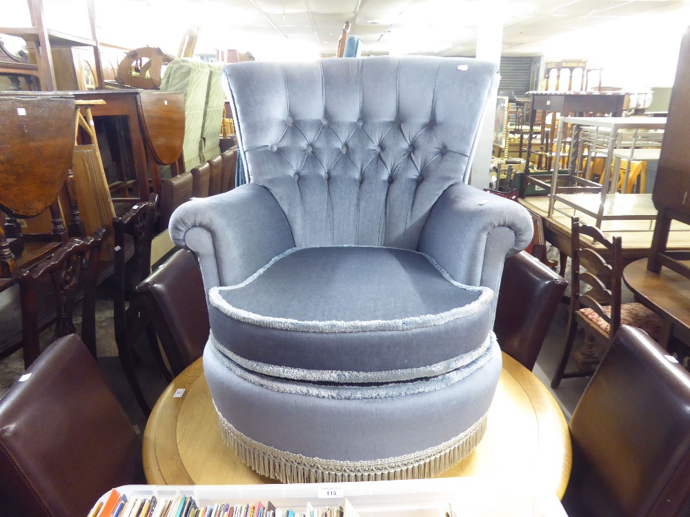 A TUB SHAPED BEDROOM CHAIR, WITH BUTTON BACK, COVERED IN BLUE FABRIC AND A SMALL BEDROOM CHAIR,