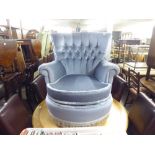 A TUB SHAPED BEDROOM CHAIR, WITH BUTTON BACK, COVERED IN BLUE FABRIC AND A SMALL BEDROOM CHAIR,