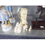 A GOSS WARE 'LIVERPOOL SHELL AND DOG FIGURINE, NEW BRIGHTON TOAST RACK, FIGURINE AND A VASE WITH