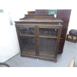 OAK TWO DOOR BOOKCASE WITH GLAZED DOORS AND ADJUSTABLE SHELVES, WITH SMALL LEDGE BACK