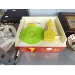 FISHER PRICE, CHILD'S RECORD PLAYER AND FIVE RECORDS