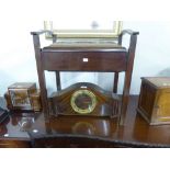 CIRCA 1920's LARGE OAK CASED MANTEL CLOCK AND AN ARTS AND CRAFTS DESIGN PIANO STOOL (IN NEED OF