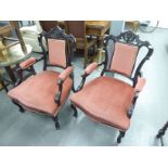 A PAIR OF LATE VICTORIAN ROCOCO STYLE DRAWING ROOM OPEN ARMCHAIRS, IN PINK PLUSH FABRIC (2)