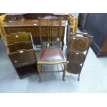 A MID TWENTIETH CENTURY OAK MAGAZINE RACK AND A THREE TIER OAK CAKE STAND AND A BEDROOM CHAIR (3)