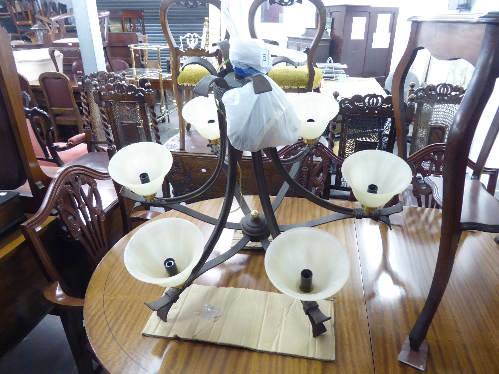 MODERN RUST PATINATED METAL SIX LIGHT ELECTROLIER WITH MOTTLED GLASS EFFECT SHADES, 2;6" DIAMETER