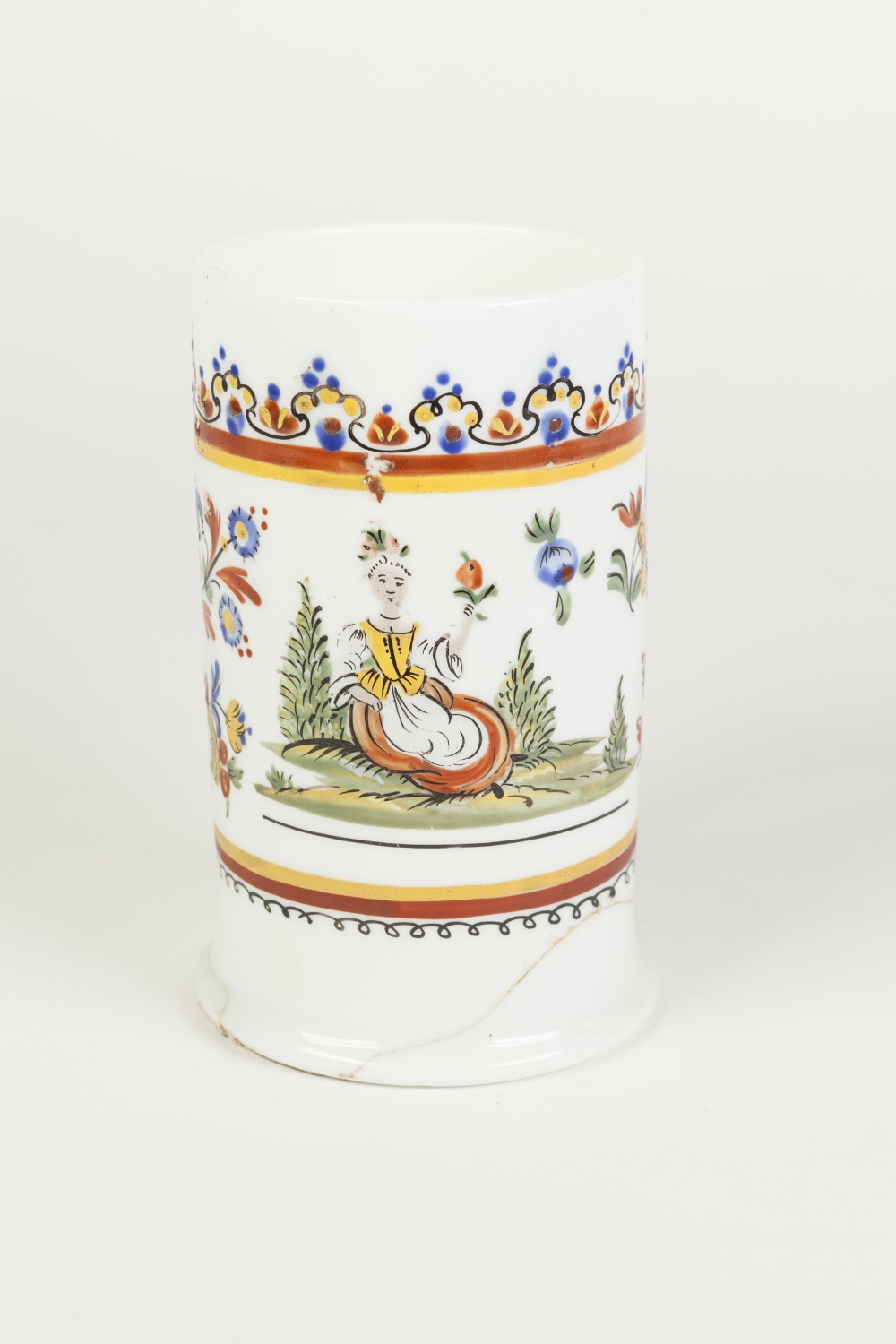 A LATE EIGHTEENTH CENTURY GERMAN MILCHGLAS BEER MUG, colourfully enamelled with a vignette of a lady - Image 2 of 2