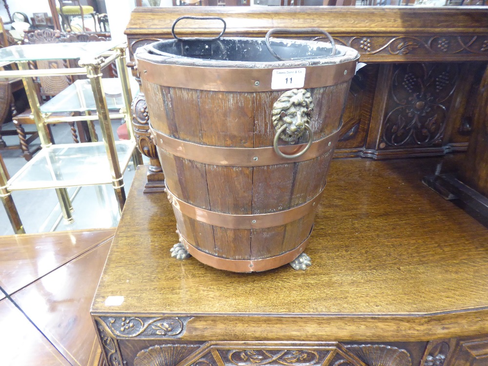 AN OAK CIRCULAR COAL BUCKET WITH REMOVABLE LINER