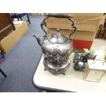 LATE VICTORIAN EPMB TEA KETTLE, ON SPIRIT STAND, MHOFF, SWISS MANTEL CLOCK, MODERN CARVED JADE MODEL