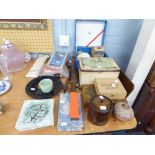 BLUE BOX, DECORATIVE TIN BOX, 3 SHELLS, 2 WOODEN BOXES, TOBACCO BARREL, MINERAL STONES AND VARIOUS