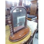 VICTORIAN MAHOGANY TOILET MIRROR, MILESTONE SHAPED WITH SPIRAL UPRIGHTS, AND TWO WHITE MARBLE OBLONG