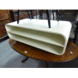 WHITE FINISH MODERNIST TWO TIER COFFEE TABLE WITH ROUNDED ENDS, ON BALL CASTORS