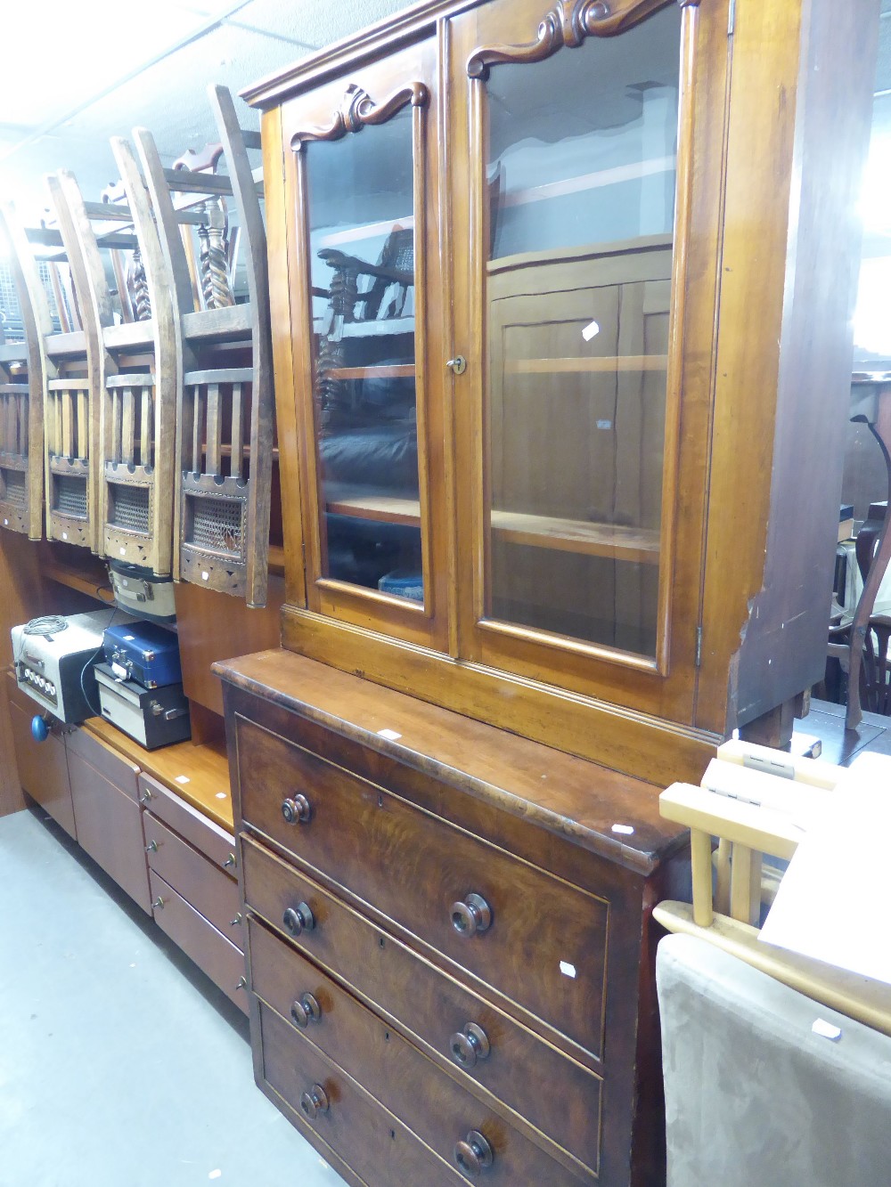 VICTORIAN FLAME MAHOGANY AND MAHOGANY DISPLAY CABINET ON CHEST, THE ASSOCIATED TOP WITH DOUBLE