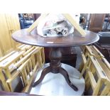 MAHOGANY CIRCULAR TILT-TOP TABLE ON TURNED CENTRAL COLUMN AND THREE CURVED LEGS