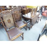 A MID TWENTIETH CENTURY OAK GATELEG TABLE, WITH FLORAL DECORATION TO THE TOP, ON BARLEY TWIST LEGS