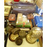 LEATHER GLADSTONE BAG, DOME CLOCK, OLD RAZORS (BOXED) AND OTHER ITEMS VARIOUS