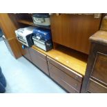 McINTOSH TEAK WALL UNIT WITH THREE DRAWERS AND TWO CUPBOARDS TO BASE AND A DROP-FRONT SECTION AND