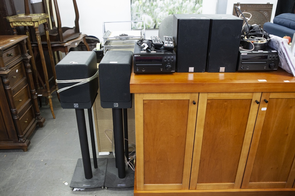 DENON CD PLAYER AND A PAIR OF FLOOR STANDING MODERN SPEAKERS AND ANOTHER WITH A PAIR OF SPEAKERS AND