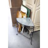 'SILVER DALE' WOODEN TRAY TABLE, A FOLD-FLAT CARD ABLE, A BLACK WROUGHT IRON CORNER TWO TIER TABLE