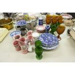 DOMESTIC POTTERY AND GLASS TO INCLUDE; COLOURED GLASS GOBLETS, BLUE AND WHITE WARES, PEWTER TEA