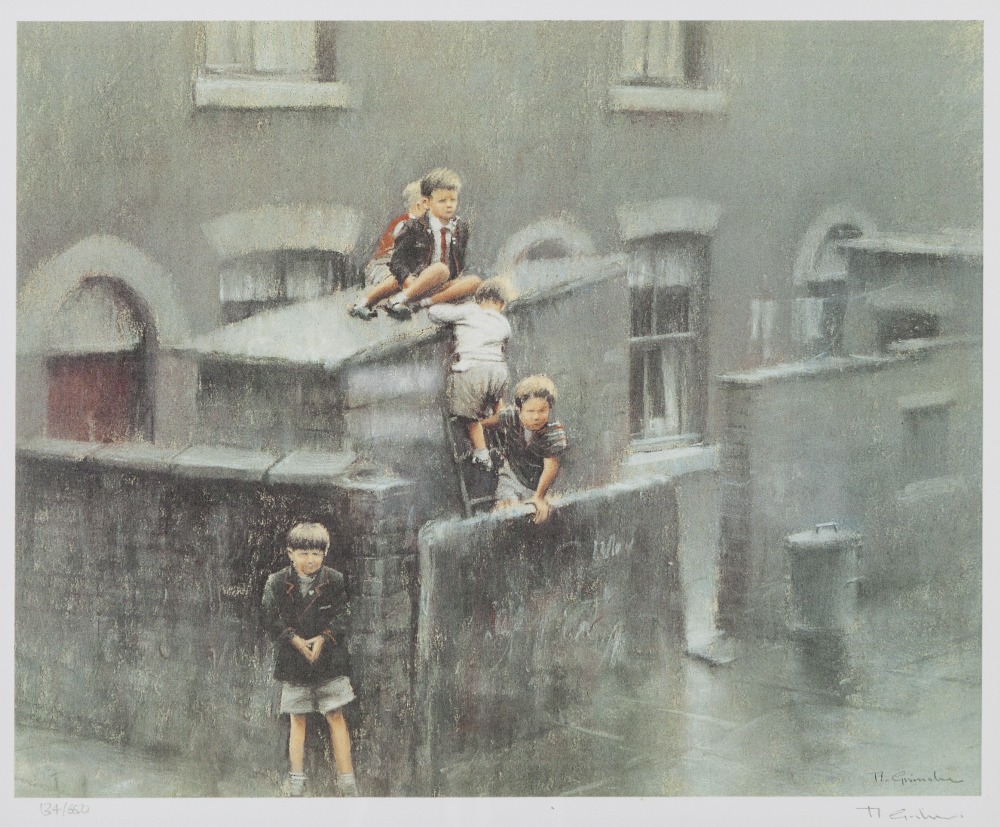 MARC GRIMSHAW ARTIST SIGNED LIMITED EDITION COLOUR PRINT Back street with boys playing, (134/650)