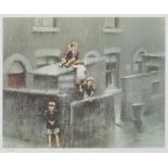 MARC GRIMSHAW ARTIST SIGNED LIMITED EDITION COLOUR PRINT Back street with boys playing, (134/650)