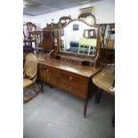 AN EDWARDIAN INLAID MAHOGANY DRESSING TABLE WITH TWO SHORT AND ONE LONG DRAWER, WITH RAISED MIRROR