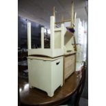 A WHITE WROUGHT IRON CORNER TWO TIER TABLE, WITH GLASS TOPS, A WHITE PAINTED DRESSING STOOL, A