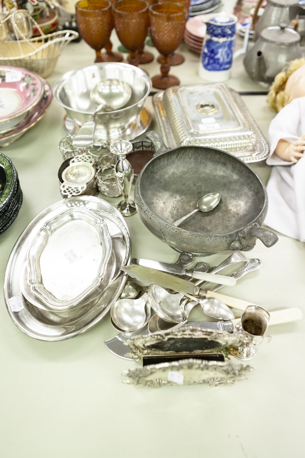 SILVER CHILD'S SPOON AND A QUANTITY OF ELECTRO PLATE INCLUDING; AN ENTREE DISH AND COVER