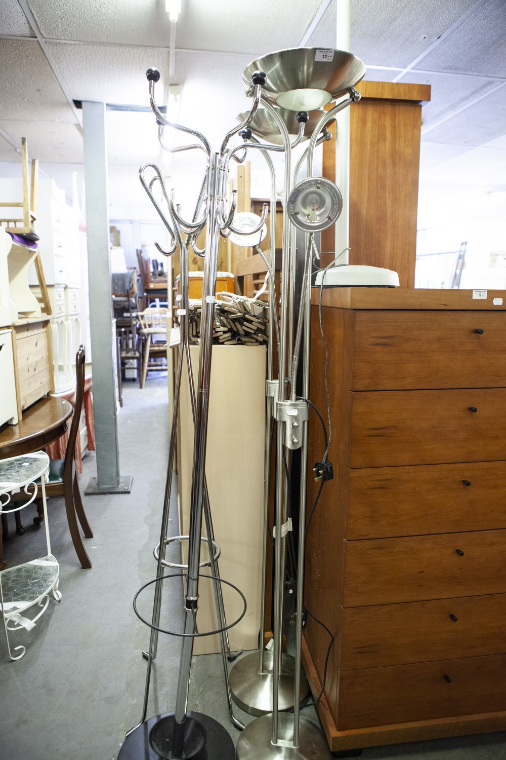 A PAIR OF MODERN POLISHED METAL UP-LIGHTERS AND COMBINED ANGLEPOISE FLOOR LAMPS AND TWO CHROMED