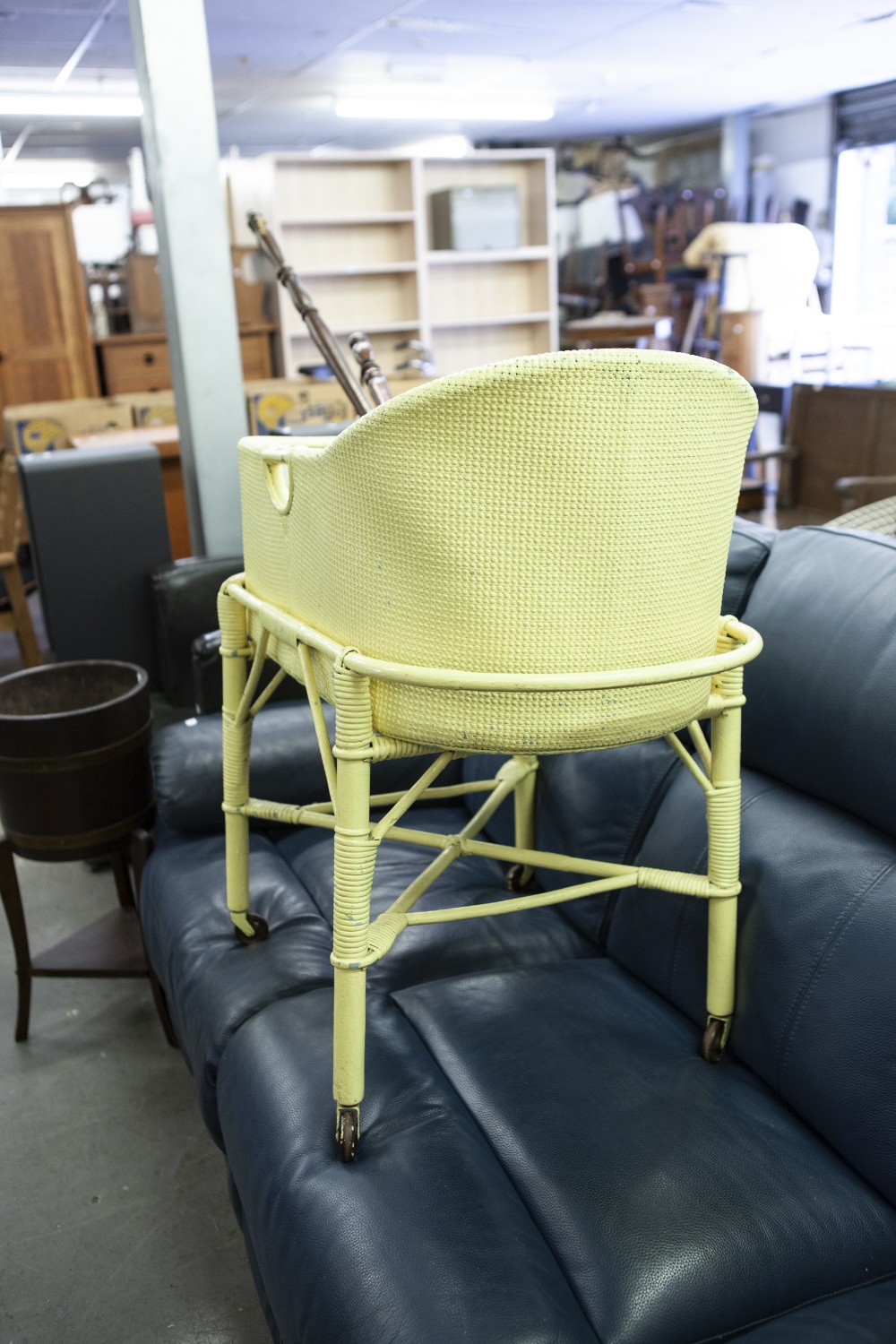 A YELLOW PAINTED WICKER WORK INFANTS COT, TWO BED WARMING PANS AND A WOODEN STAVED JARDINIERE (4) - Image 2 of 2