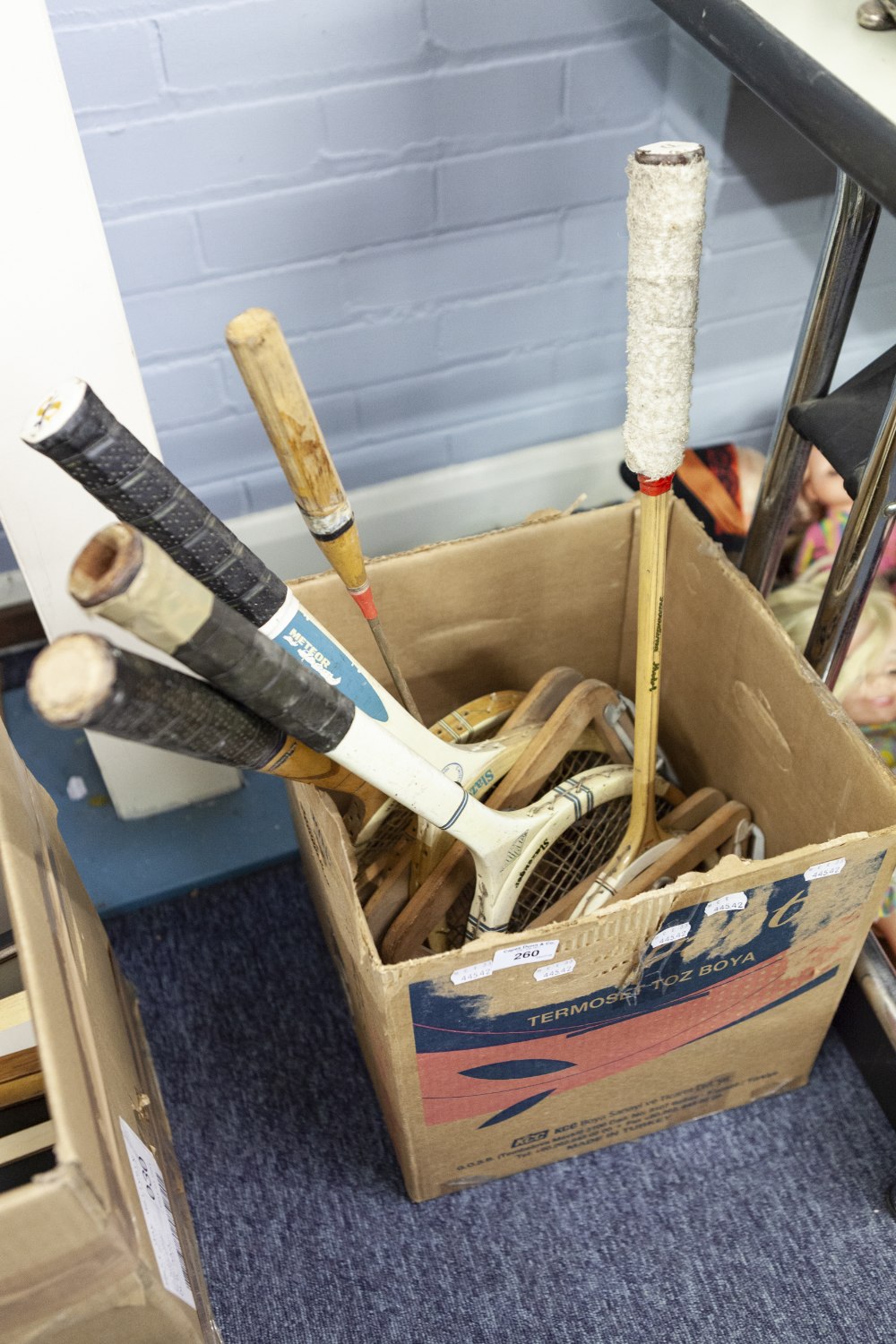 THREE SLAZENGER WOODEN TENNIS RACKETS AND A SQUASH RACKET AND A BADMINTON RACKET (5)