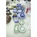 DECORATIVE CERAMICS INCLUDING; WEDGWOOD BLUE AND WHITE JASPER WARE, MAINLY PLATES AND DISHES